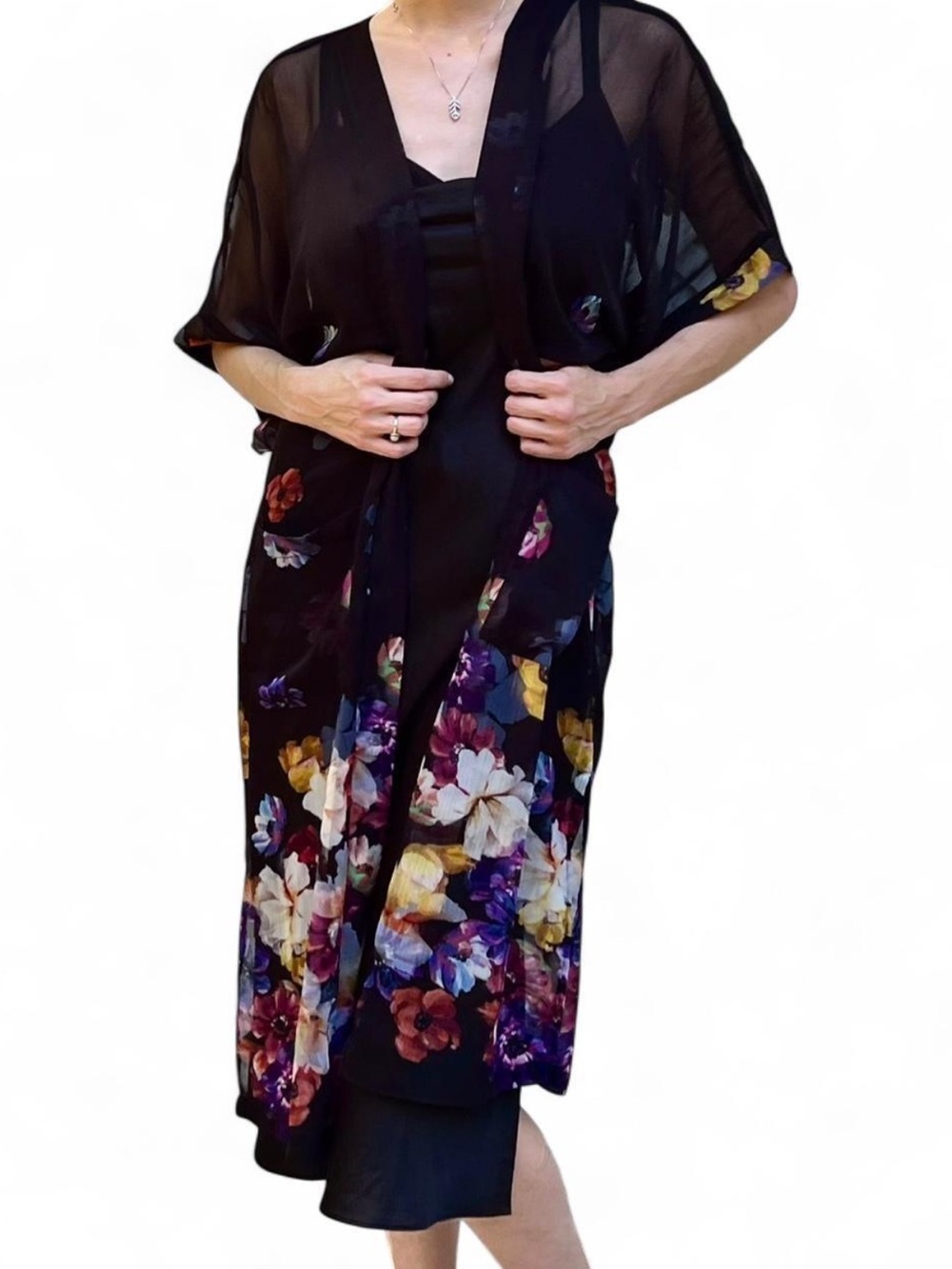 Black Sheer Floral Romantic Whimsigoth Boho Duster Kimono w/Pockets